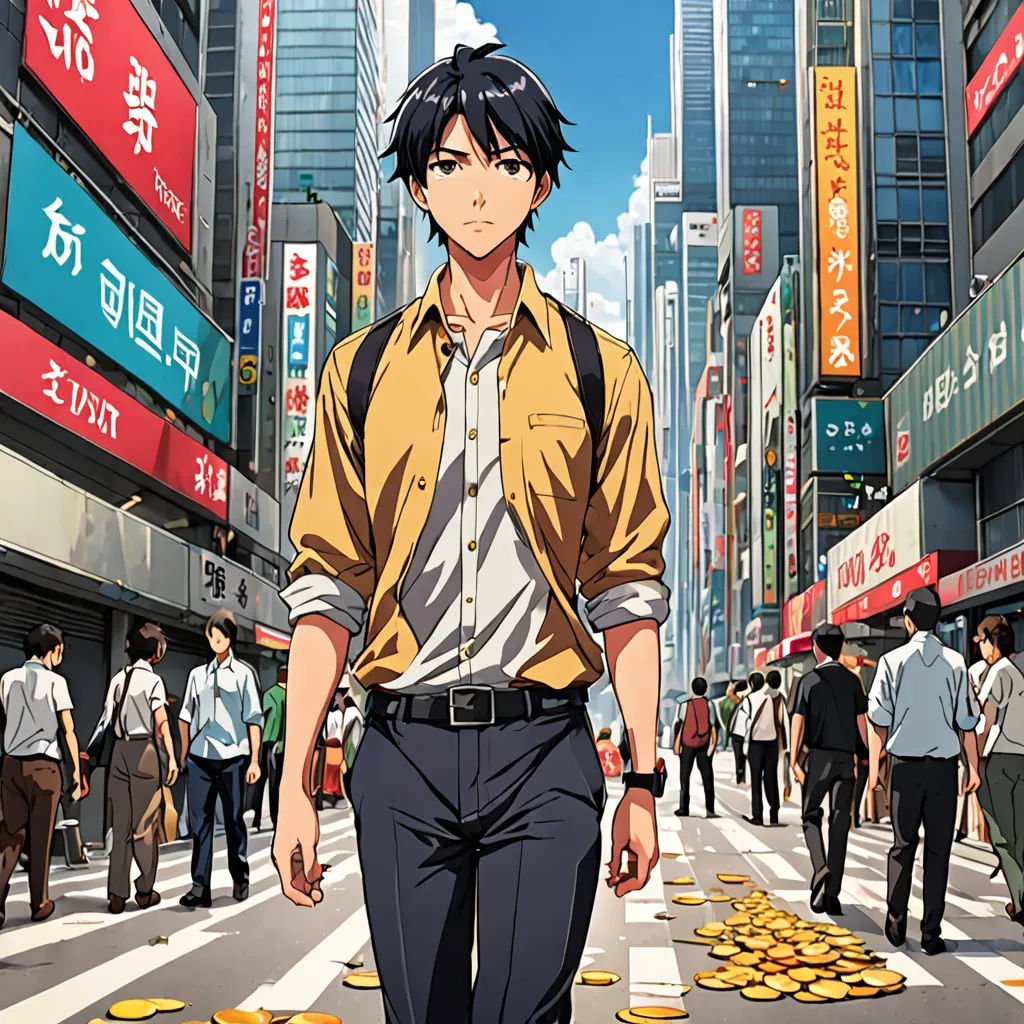 a man walking down a street with lots of money on the ground in front of him and a lot of people walking around, visual art, poster art, Cedric Seaut (Keos Masons), anime key visual