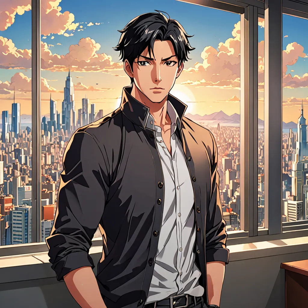 a man standing in front of a window with a city view behind him and a cityscape in the background, sots art, a character portrait, Cedric Seaut (Keos Masons), official art