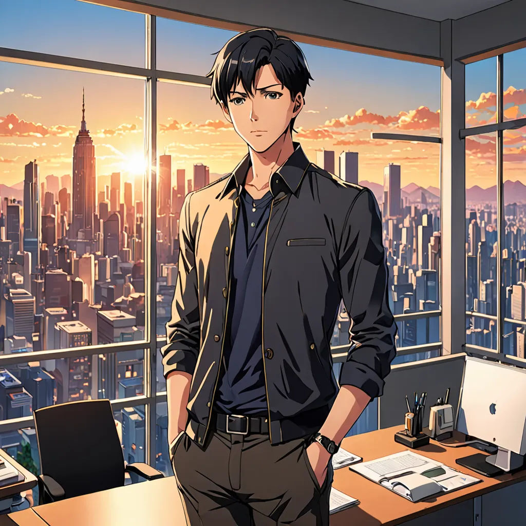 a man standing in front of a desk in an office with a view of a city at sunset or dawn, sots art, a character portrait, Adam Manyoki, official art