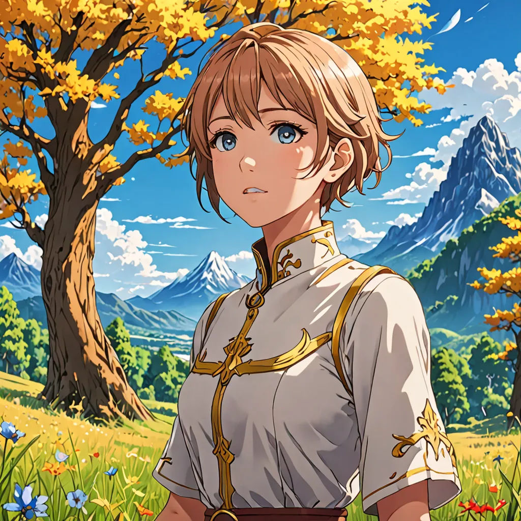a woman in a field with a tree in the background and mountains in the background, with a sky background, sots art, a character portrait, Anne Said, official art