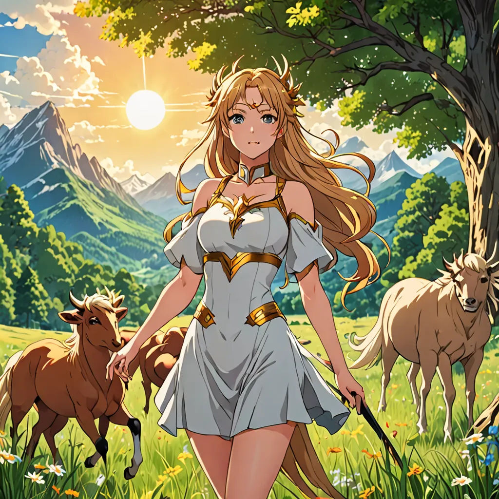 a woman in a dress is walking with a stick in a field with cows and trees in the background, sots art, concept art, Artgerm, official art
