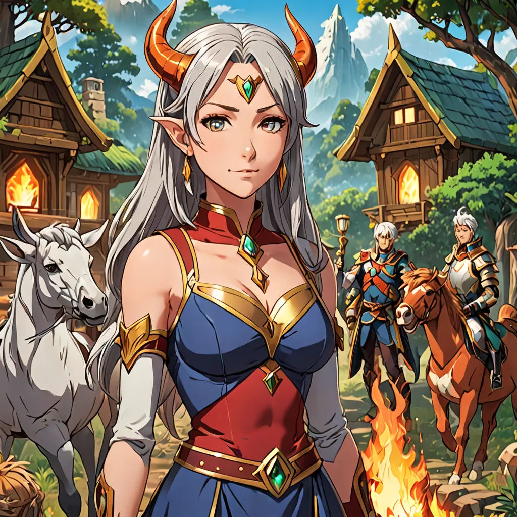 a woman in a blue dress standing in front of a fire pit with a cow and a man in a red shirt, fantasy art, a character portrait, Artgerm, 2 d game art
