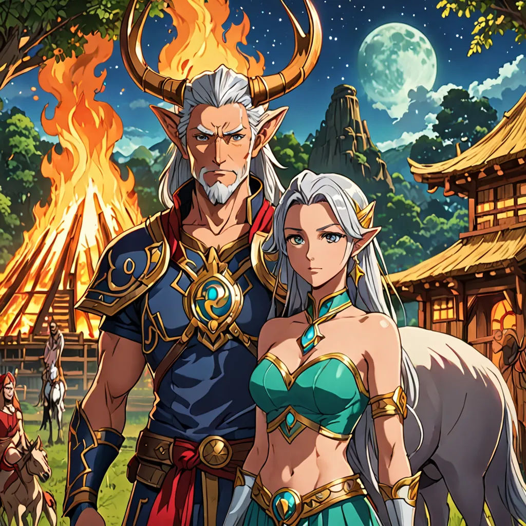 a couple of people standing next to each other in front of a fire pit and a building with a sky background, fantasy art, concept art, Andor Basch, official art