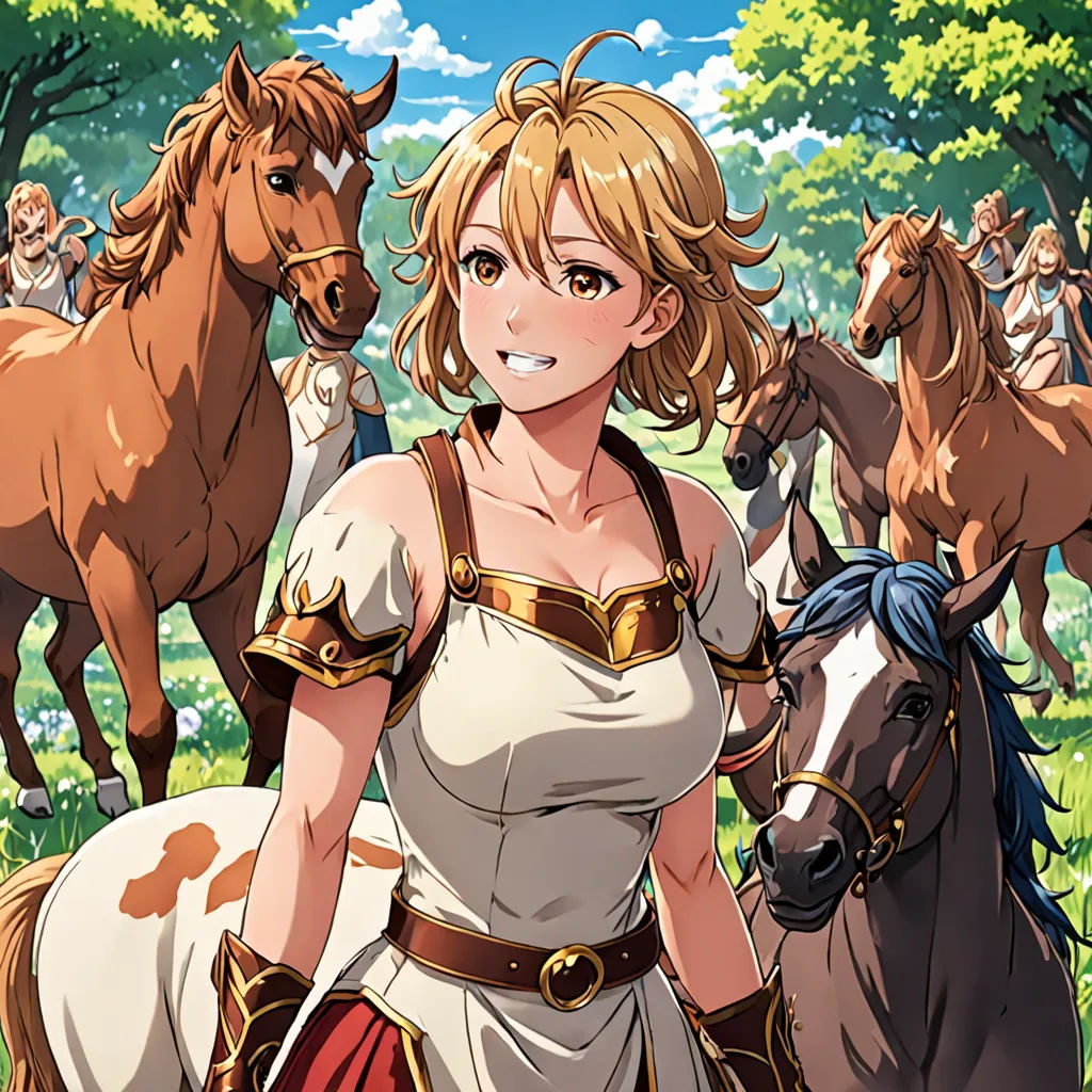 a woman in a dress standing next to horses in a field with other horses behind her and a man standing behind her, remodernism, a character portrait, Anne Said, official art