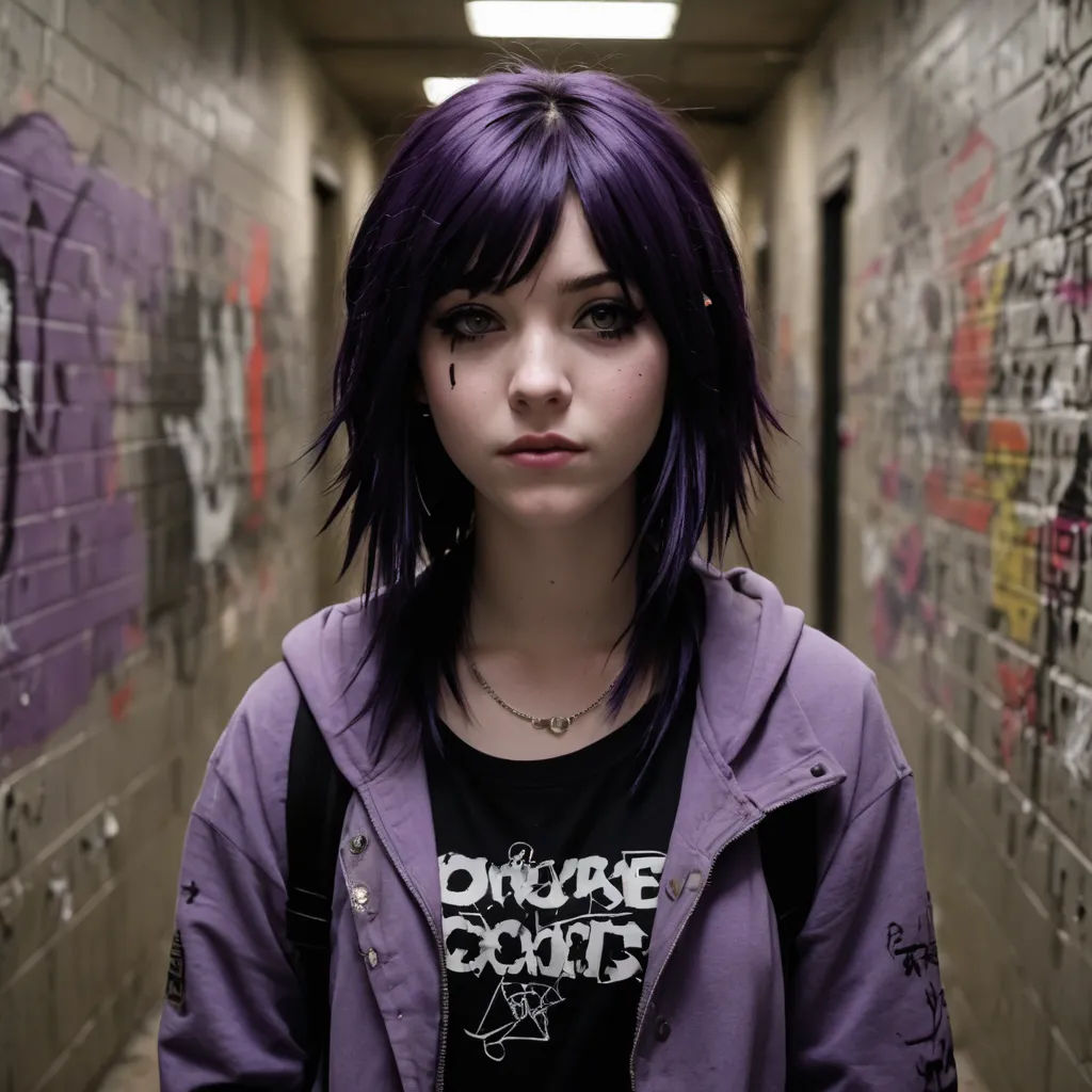 a woman with purple hair standing in a hallway with graffiti on the walls and a black shirt on her, graffiti, a character portrait, Felix-Kelly, kai carpenter