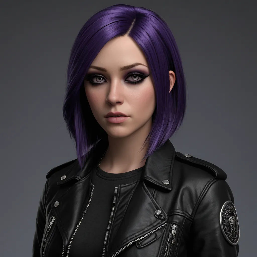 a woman with purple hair and a black jacket is posing for a picture in a black leather jacket and black shirt, photorealism, a character portrait, Eve Ryder, cgstudio