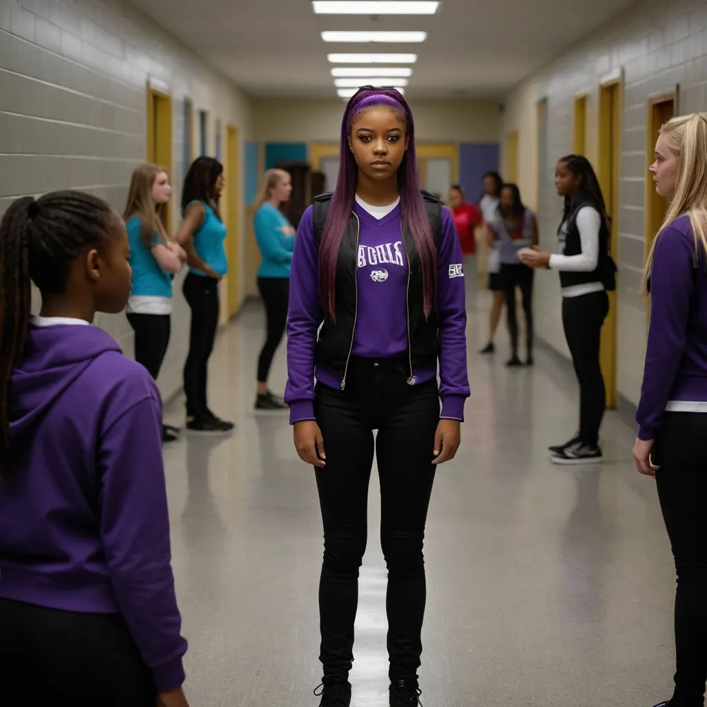a girl in a purple shirt and black pants stands in a hallway with other girls in purple shirts and black pants, northwest school, a renaissance painting, Apelles, movie still