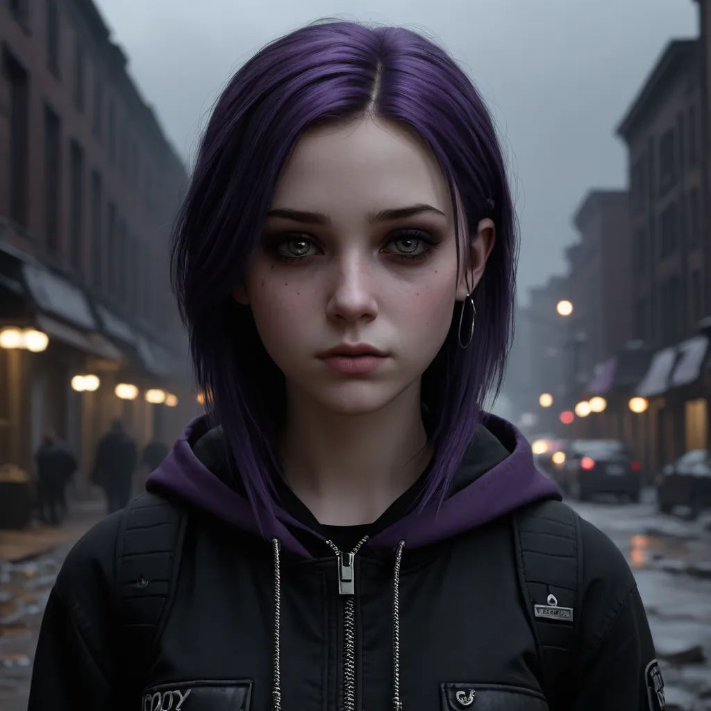 a woman with purple hair and a black jacket on a street corner in the rain with buildings in the background, photorealism, cyberpunk art, Eddie Mendoza, cgstudio