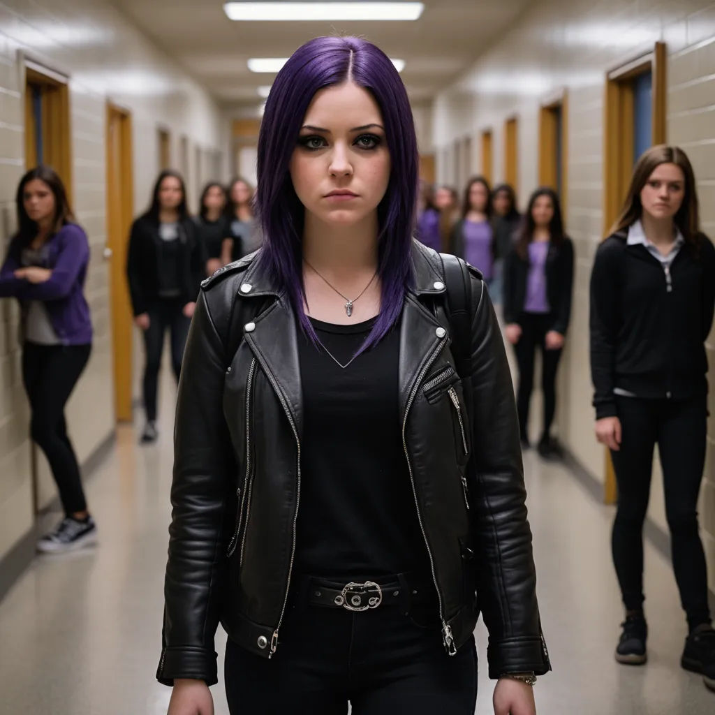 a woman with purple hair and black leather jacket in a hallway with other people in the background wearing black, antipodeans, a poster, Chase Stone, promotional image
