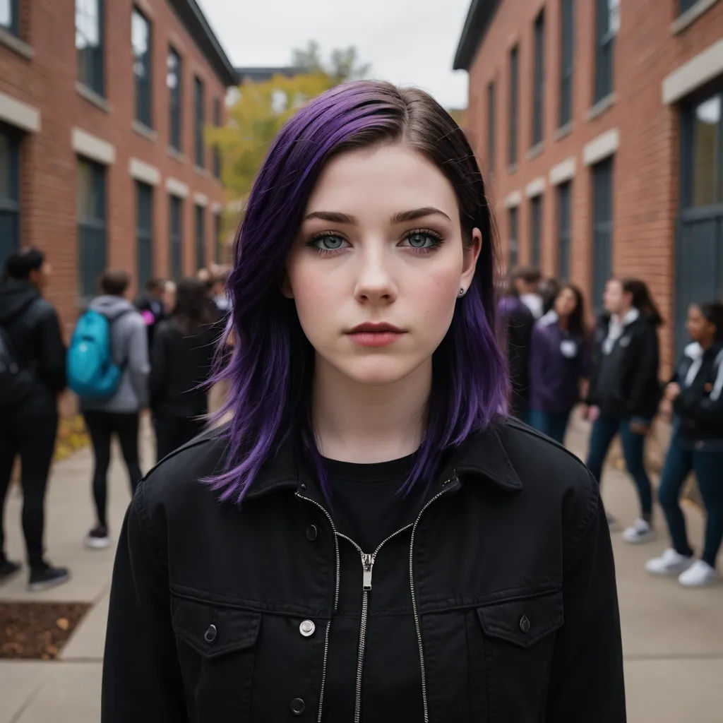 a woman with purple hair standing in front of a building with people walking by her on a sidewalk and a building with a few windows, vancouver school, a character portrait, Brigette Barrager, kai carpenter