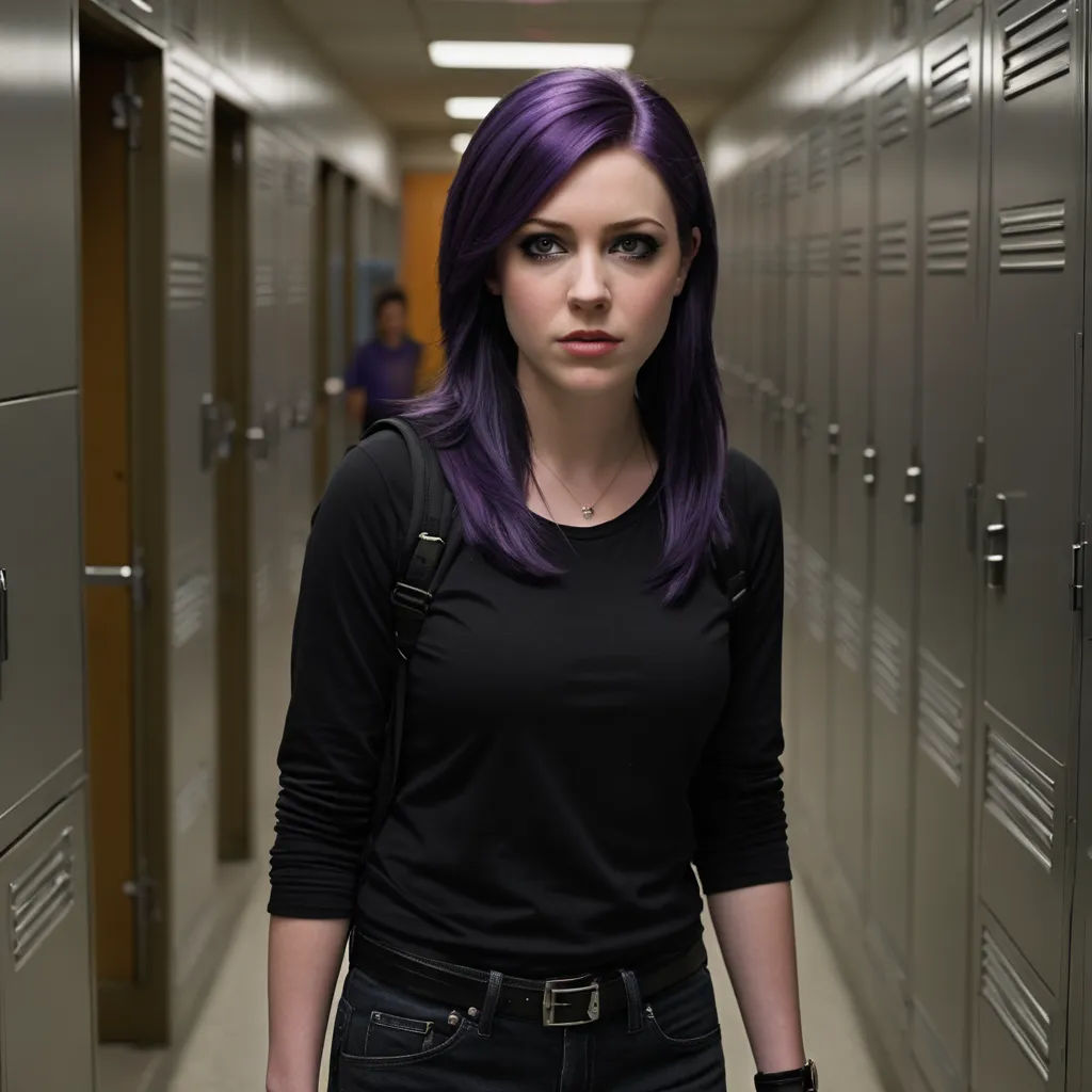 a woman with purple hair standing in a hallway with lockers in the background and a man in the background, tachisme, a character portrait, Carey Morris, promotional image