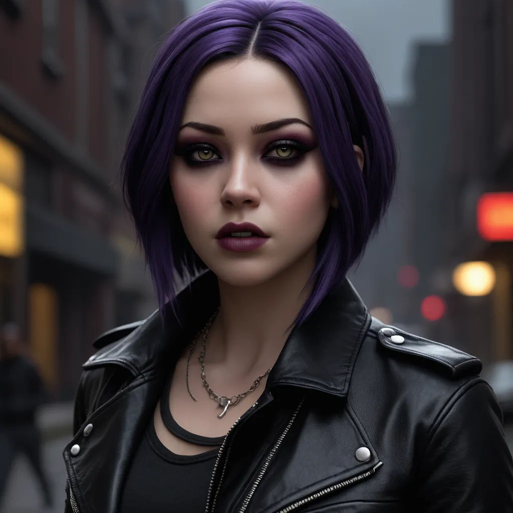 a woman with purple hair and black leather jacket on a city street at night with a neon light in the background, photorealism, a 3D render, Eddie Mendoza, unreal engine 5 quality render