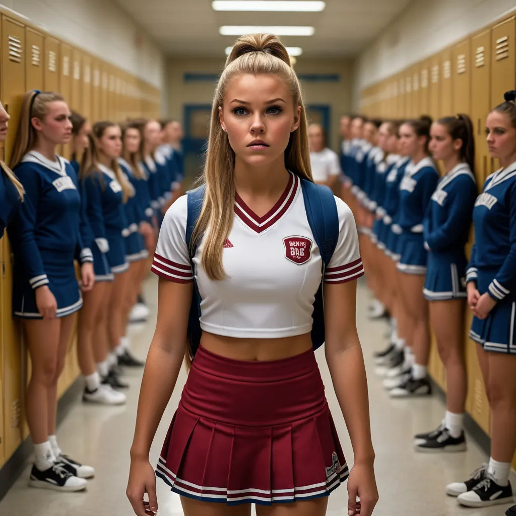a girl in a school uniform stands in a hallway with other girls in the background in a locker room, kitsch movement, a character portrait, Daniel Lieske, promotional image