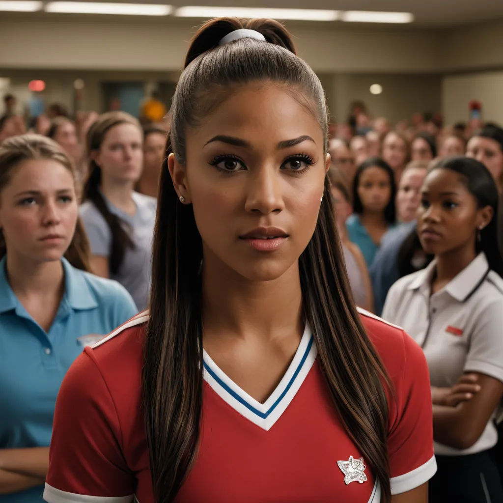 a woman in a red shirt is standing in front of a group of people in a room with a microphone, northwest school, a screenshot, Cicely Hey, promotional image