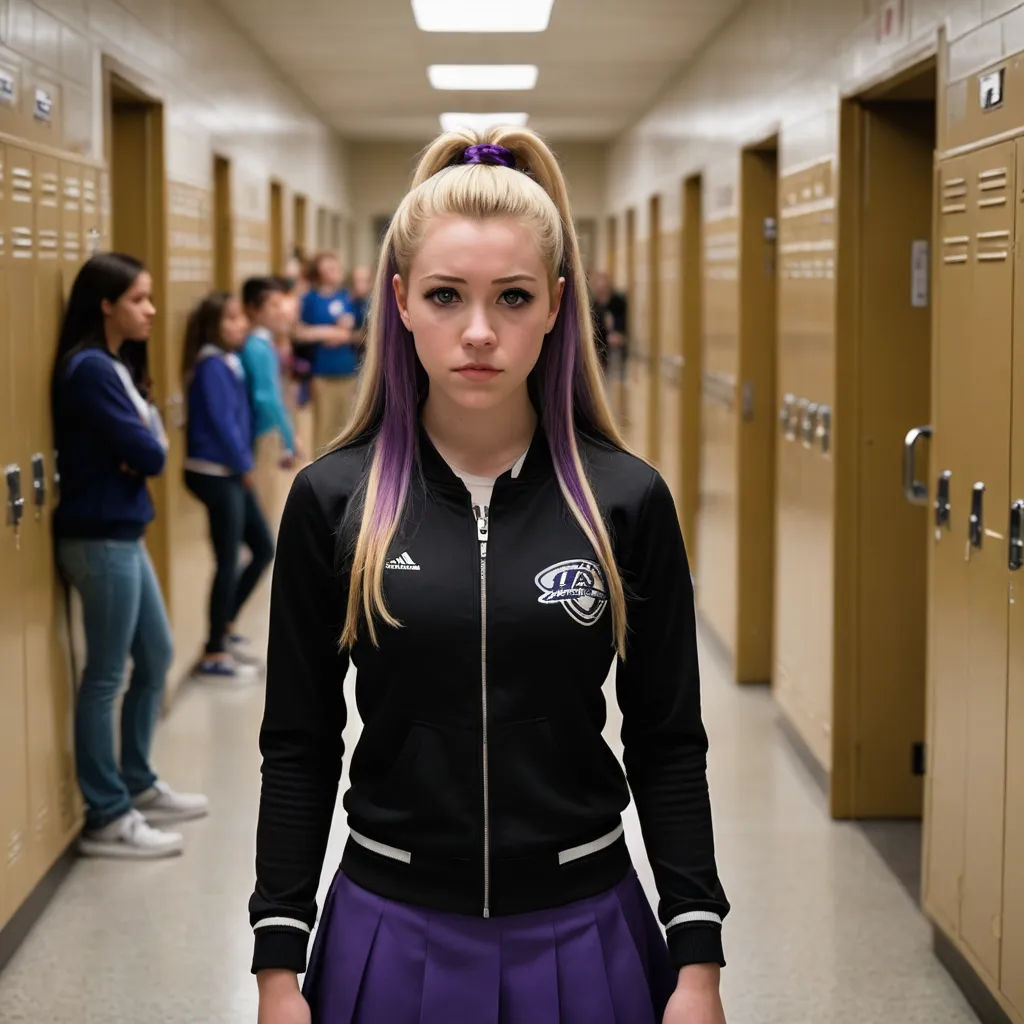 a girl with purple hair stands in a hallway of lockers with her hands in her pockets and looks at the camera, northwest school, a character portrait, Elinor Proby Adams, promotional image