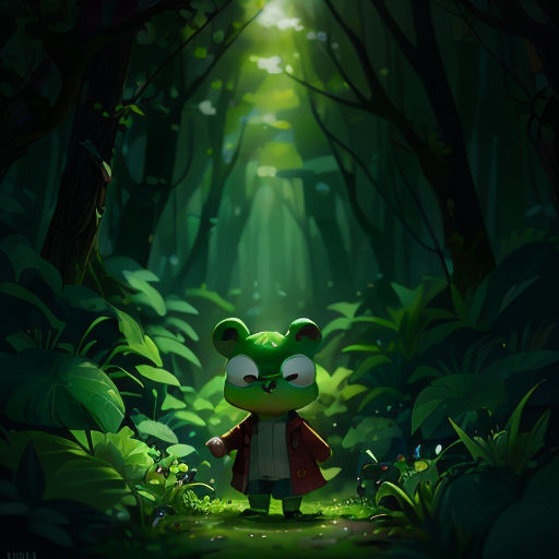 a cartoon character in a forest with a light shining through the trees and a frog in the foreground