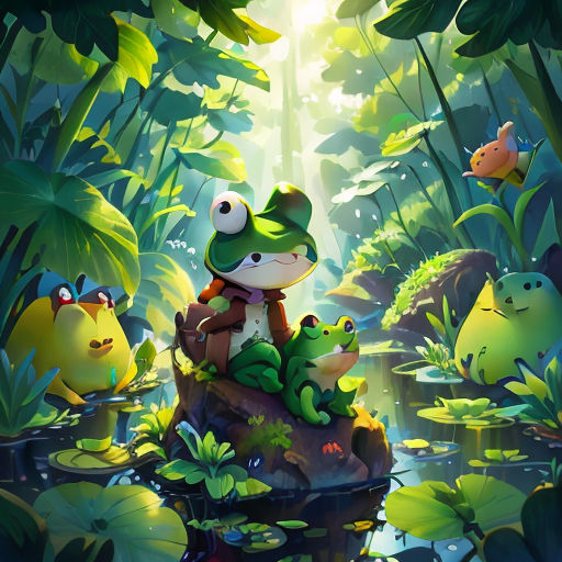 a frog and frogling sitting on a rock in a swampy area with lily pads and other plants