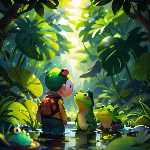 a boy and two frogs in a forest with a pond of water and plants on the ground, with a bright light coming from behind them