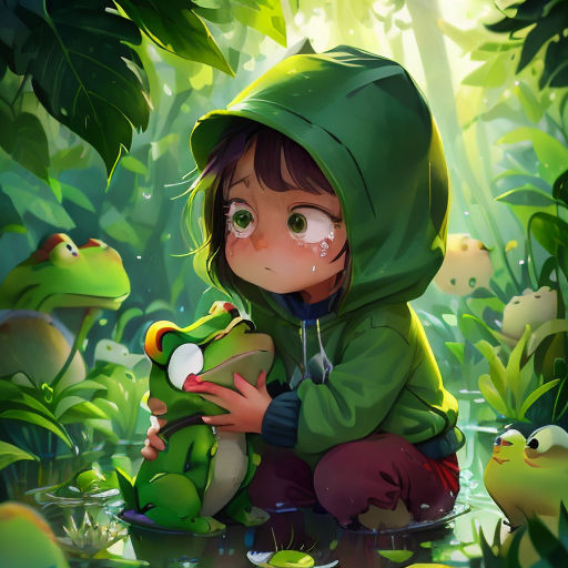 a little girl holding a frog in a forest with lots of green plants and leaves around her, with a sad face