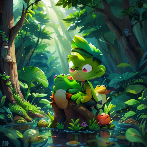 a cartoon character sitting on a tree stump in a forest with a frog and a frogling in the water
