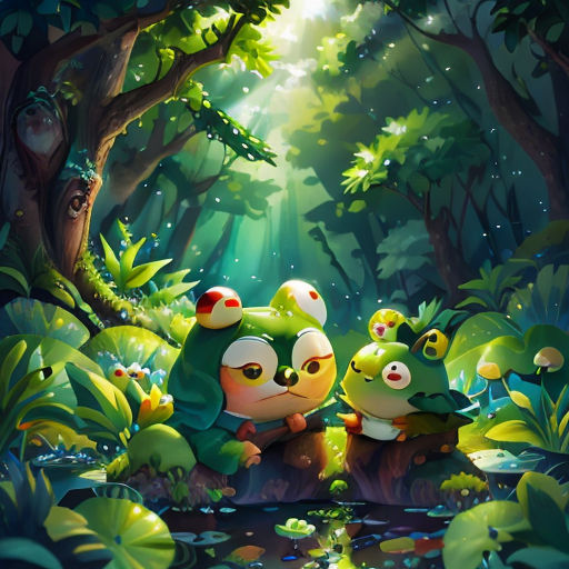 a painting of two little green frogs in a forest with a pond of water and trees in the background