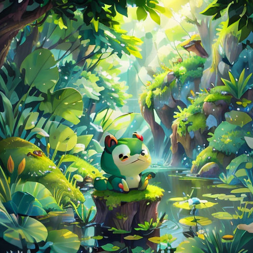 a cartoon character sitting on a stump in a forest with a pond and trees in the background, with a frog in the foreground