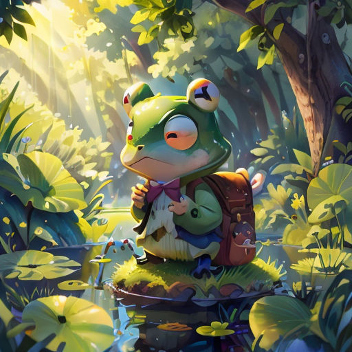 a frog with a backpack sitting on a rock in a forest with lily pads and a pond of water