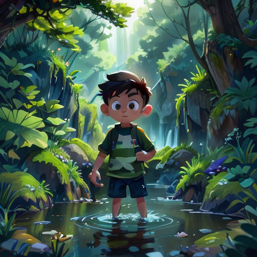 a boy standing in a stream in a forest with a waterfall in the background and a forest scene in the foreground