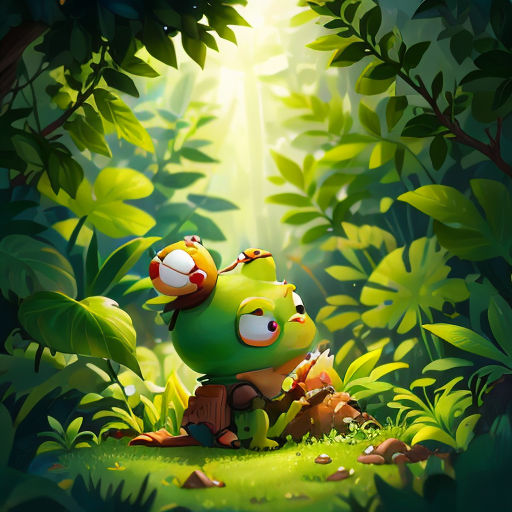 a green frog sitting in the middle of a forest with a mushroom on its back and a mushroom on its head