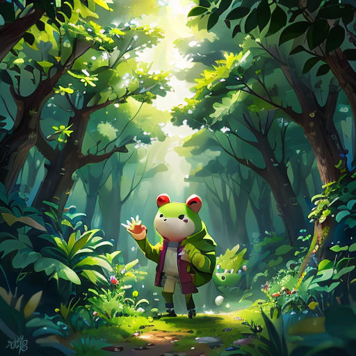 a cartoon character is walking through a forest with a backpack and a frog on his back, with a light shining through the trees