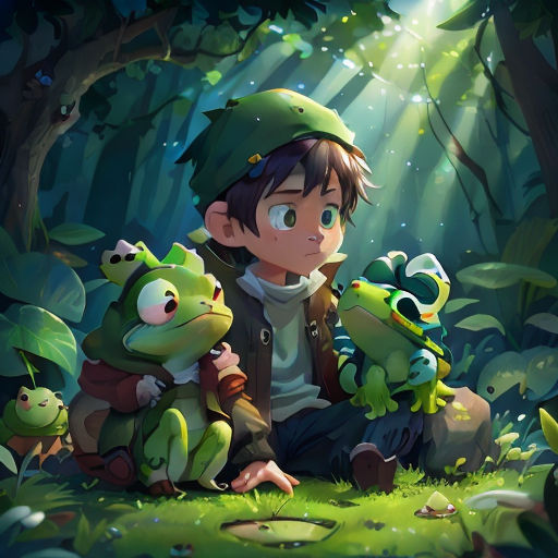 a boy sitting in the middle of a forest with frogs on his lap and a frog on his lap