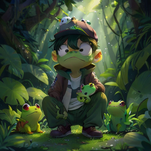 a boy with a frog on his lap in the forest with a frog on his lap in front of him