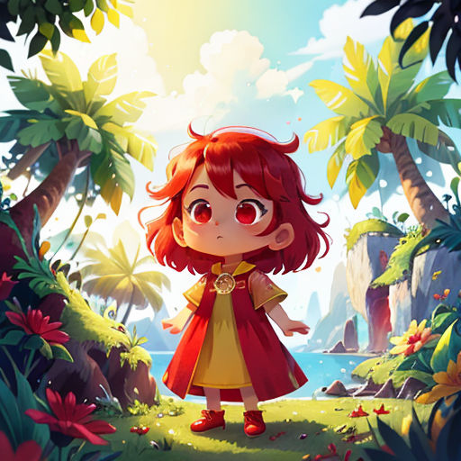 a girl in a red coat standing in a forest with a red umbrella over her head and a red hair