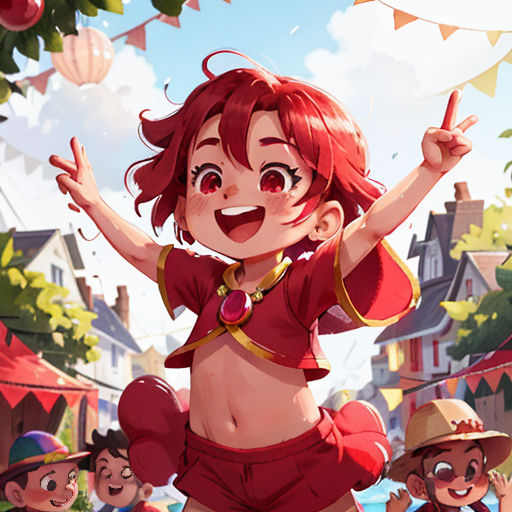 a cartoon girl in a bikini standing in front of a crowd of people in a town square with a kite flying overhead