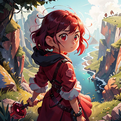 a girl in a red dress standing in a forest looking at a river and mountains in the background with a sky background