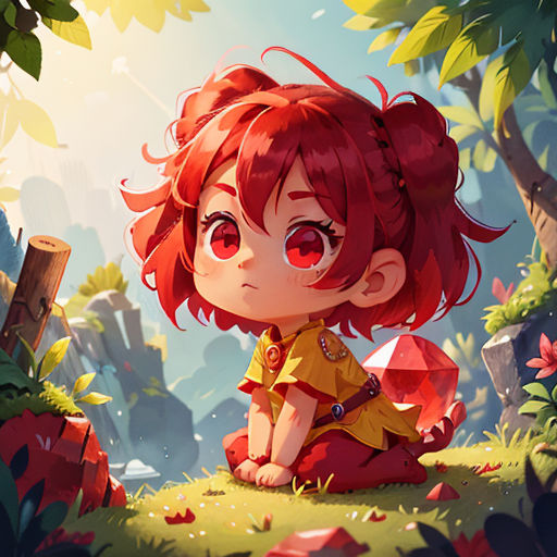 a little girl sitting on a hill in a forest with a mushroom in her hand and a mushroom in her hand