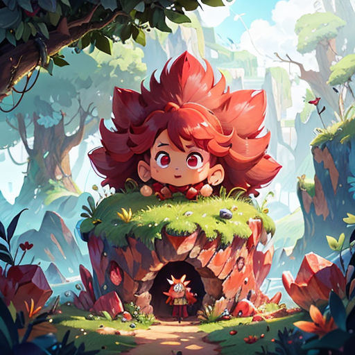 a red haired girl sitting on top of a tree stump in a forest with a small cave in the middle