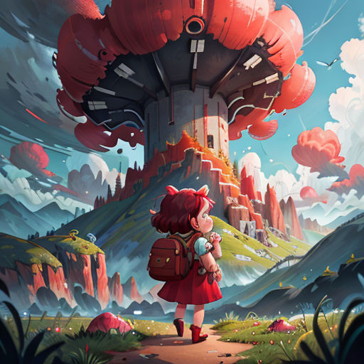 a girl is standing in front of a mushroom house with a red backpack on her shoulder and a red backpack on her shoulder