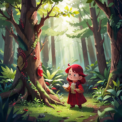 a little red riding through a forest with a bird in her hand and a bird in her hand,
