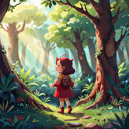 a girl in a red dress is walking through a forest with a forest background and trees and grass, with a path leading to a forest with a red - shaped tree