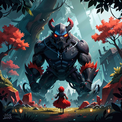 a cartoon character in a red dress standing in a forest with a demon on his back and a demon on his shoulder