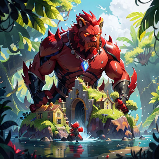 a red demon standing in the middle of a forest next to a small house and a river with a man on it