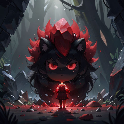 a girl with red hair and a demon's head standing in a forest with red leaves and rocks