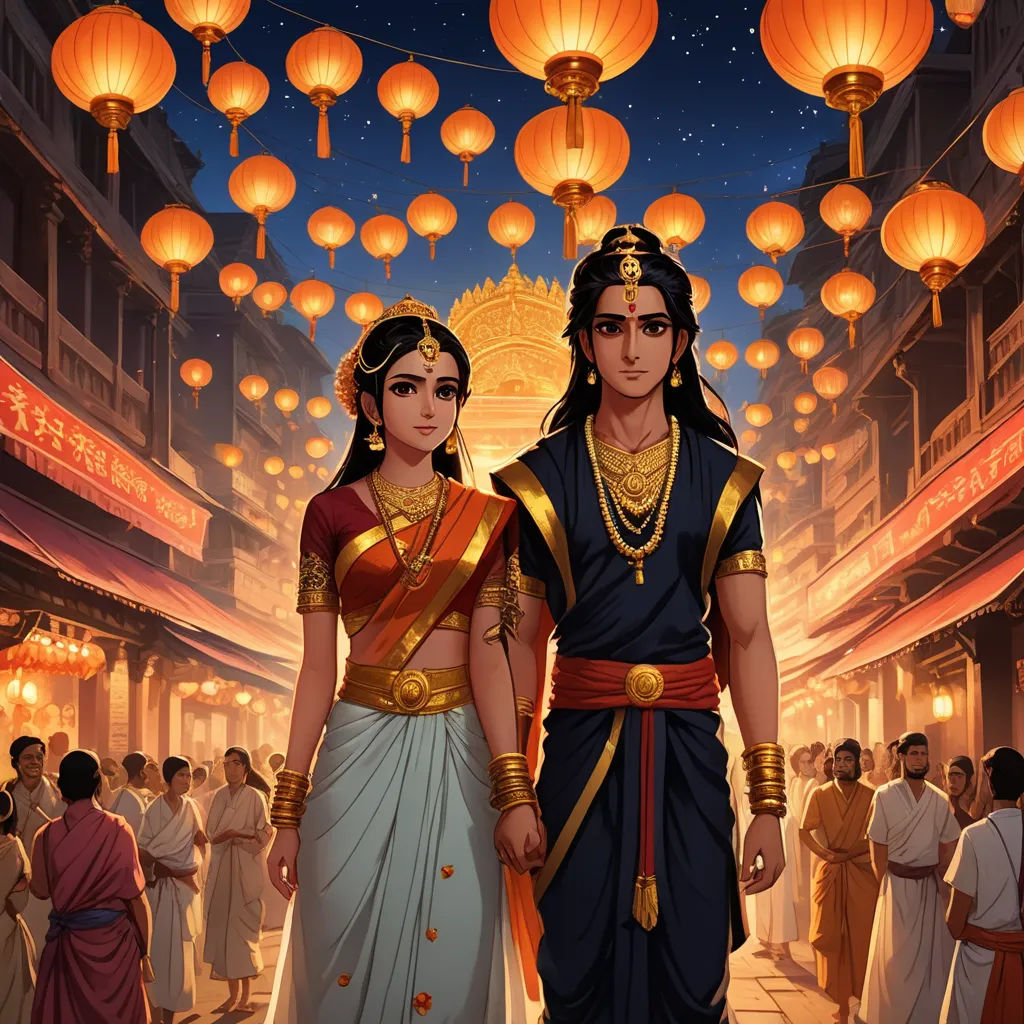 a painting of two people standing in front of a crowd of people with lanterns in the background of the painting, samikshavad, a storybook illustration, Cyril Rolando, rossdraws global illumination