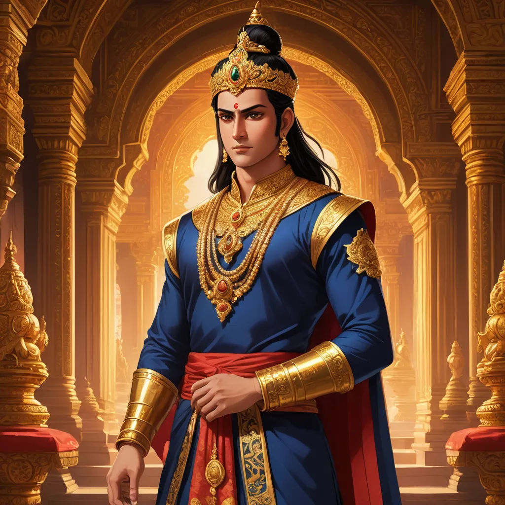 a man in a blue and gold outfit with a gold crown on his head and a red cape on his head, samikshavad, a character portrait, Bholekar Srihari, official art