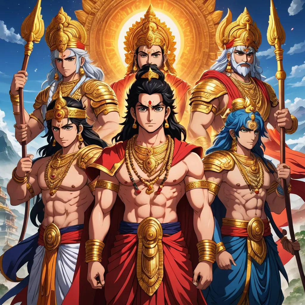 a group of men in ancient costumes standing next to each other with a sun behind them and a sky background, samikshavad, a poster, Baiōken Eishun, official art