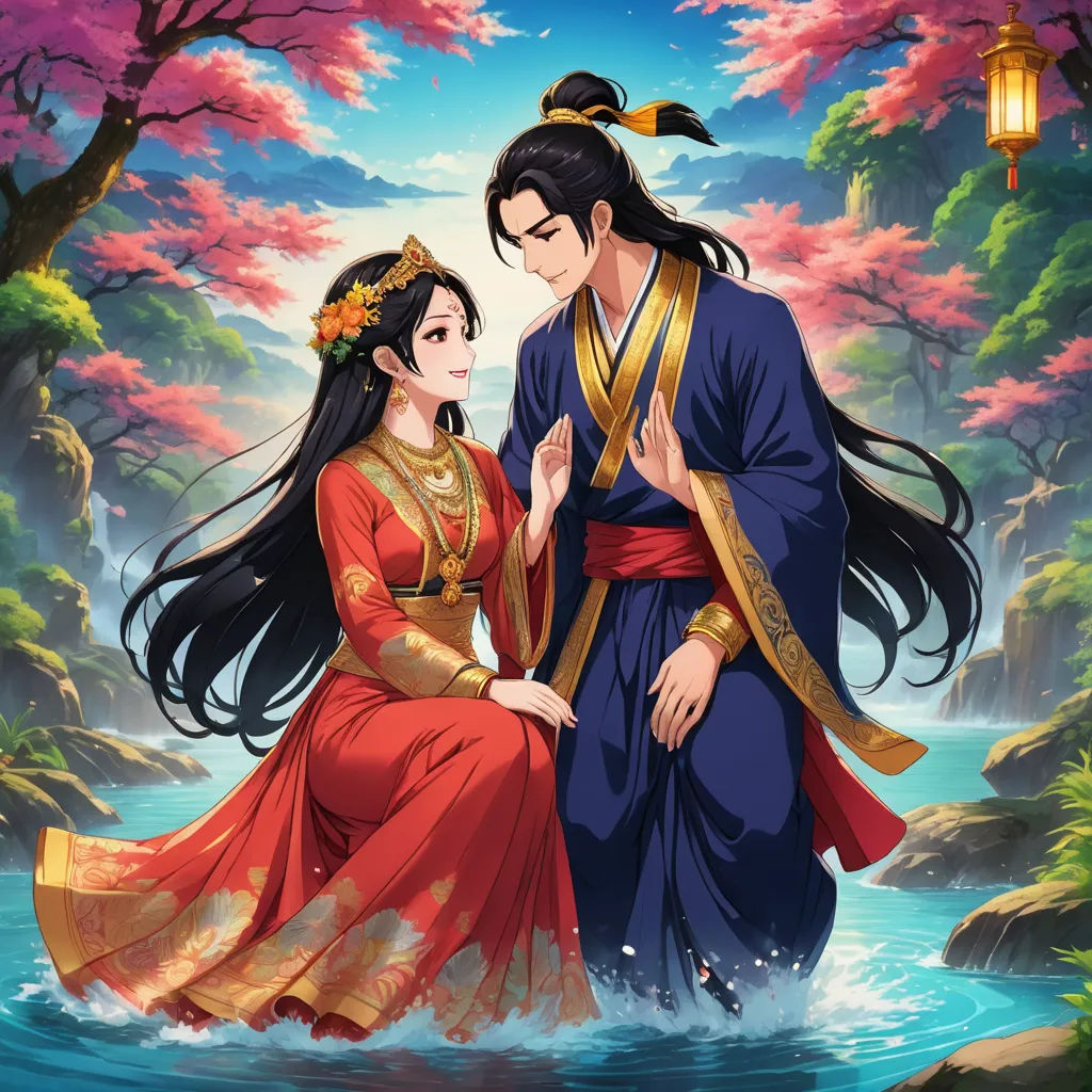 a man and woman in oriental clothing sitting on a river in front of a forest with pink flowers and a lantern, fantasy art, a painting, Emperor Huizong of Song, official art