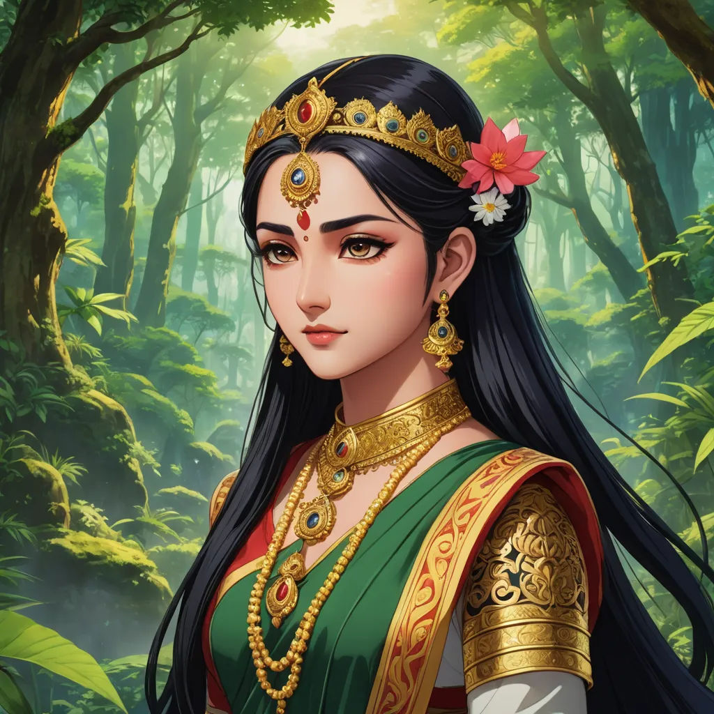 a woman in a green and gold outfit in a forest with a flower in her hair and a red flower in her hair, fantasy art, a detailed painting, Ella Guru, official art
