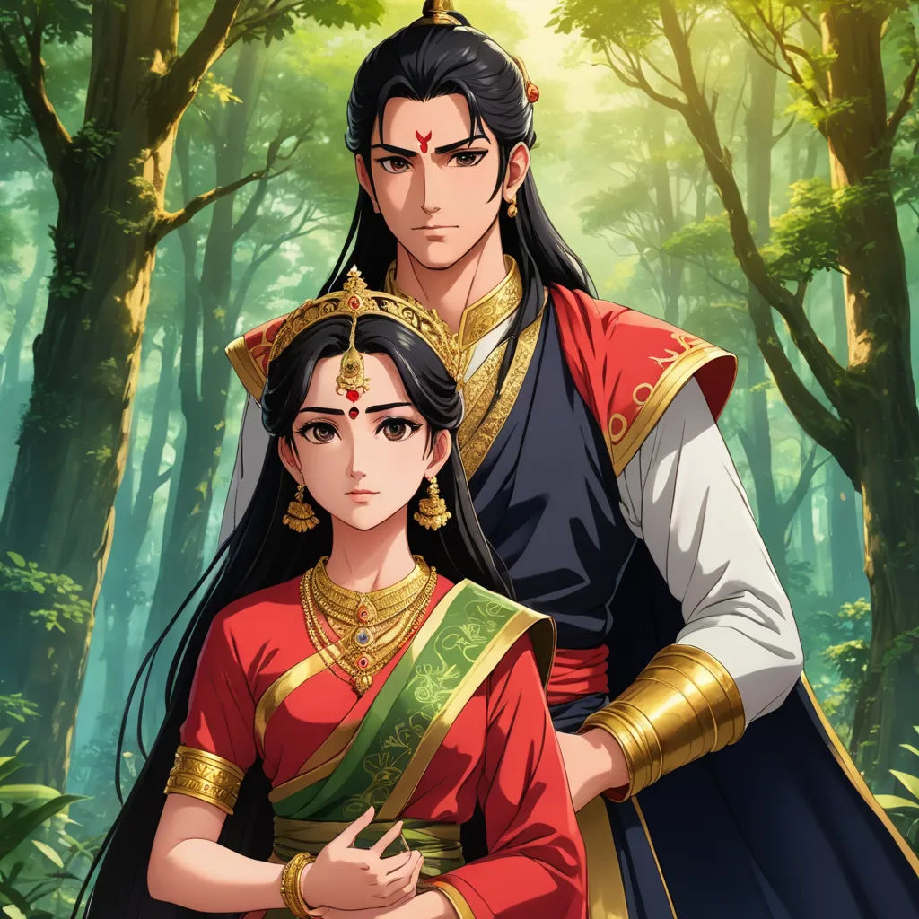a man and woman in a forest with trees in the background and a man in a red and gold outfit, cloisonnism, concept art, Emperor Huizong of Song, official art
