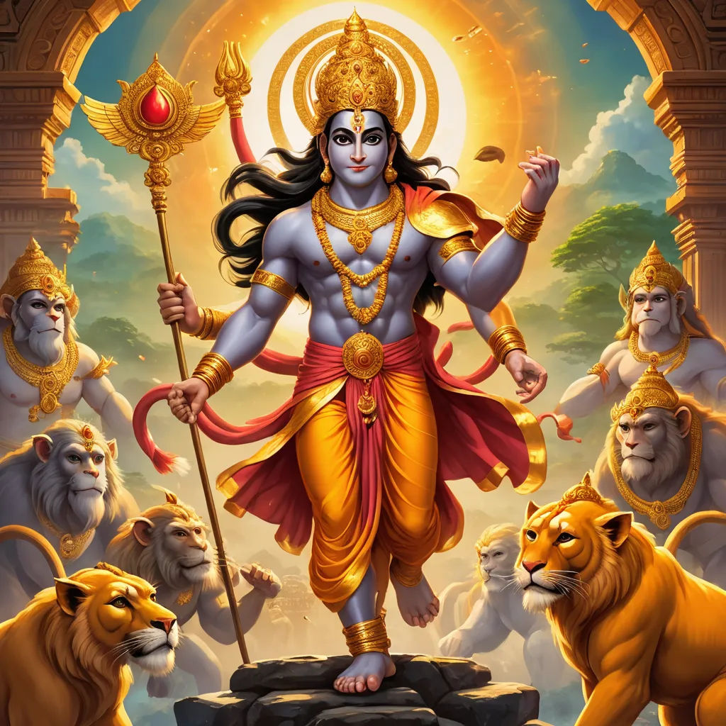 a painting of a god surrounded by lions and lions in a cave with a sun in the background and a person holding a staff, samikshavad, a detailed painting, Bholekar Srihari, official art